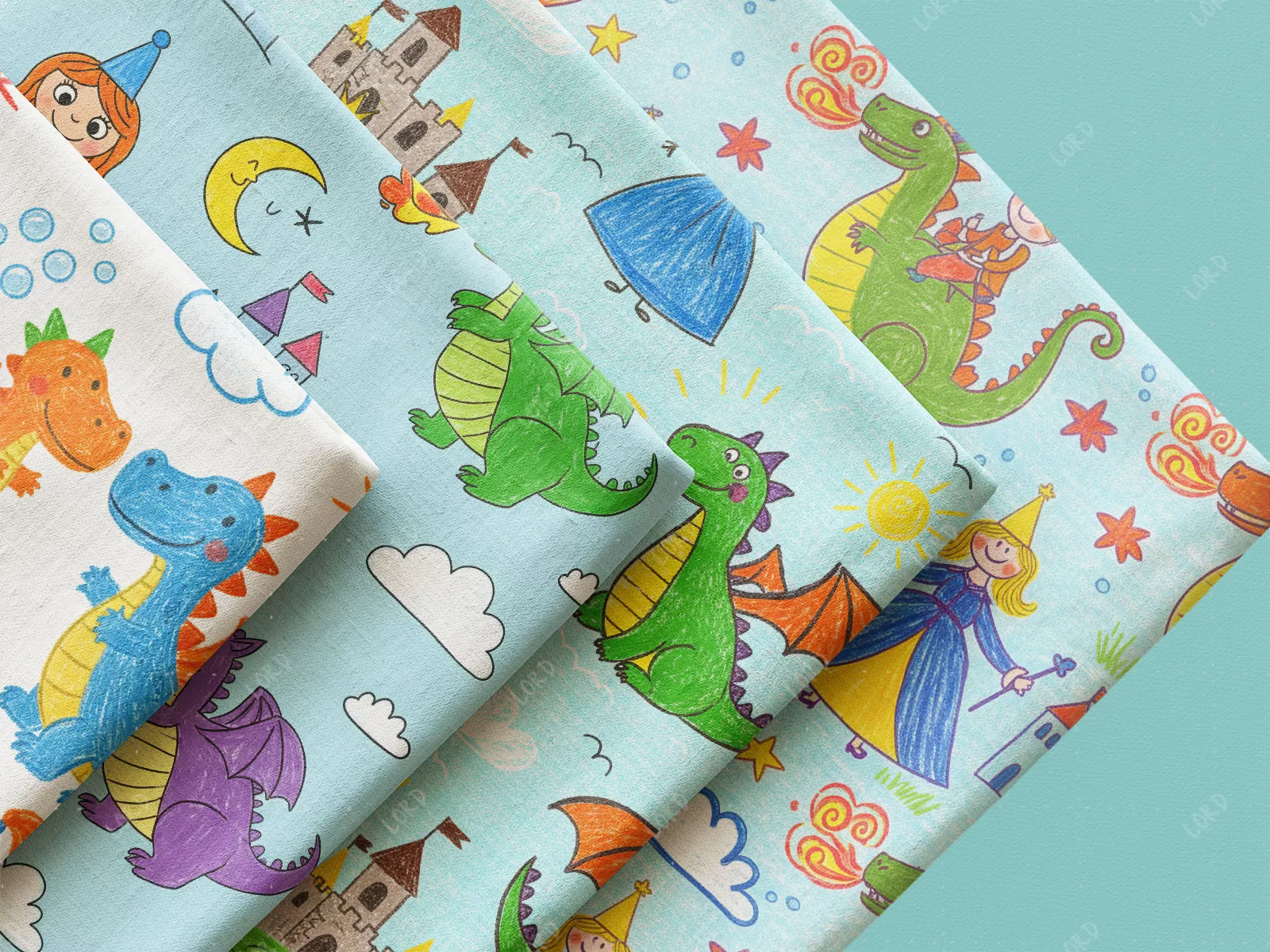 Princess Dragon Seamless Pattern Set: Crayon Drawing Fairytale Kids Art ...